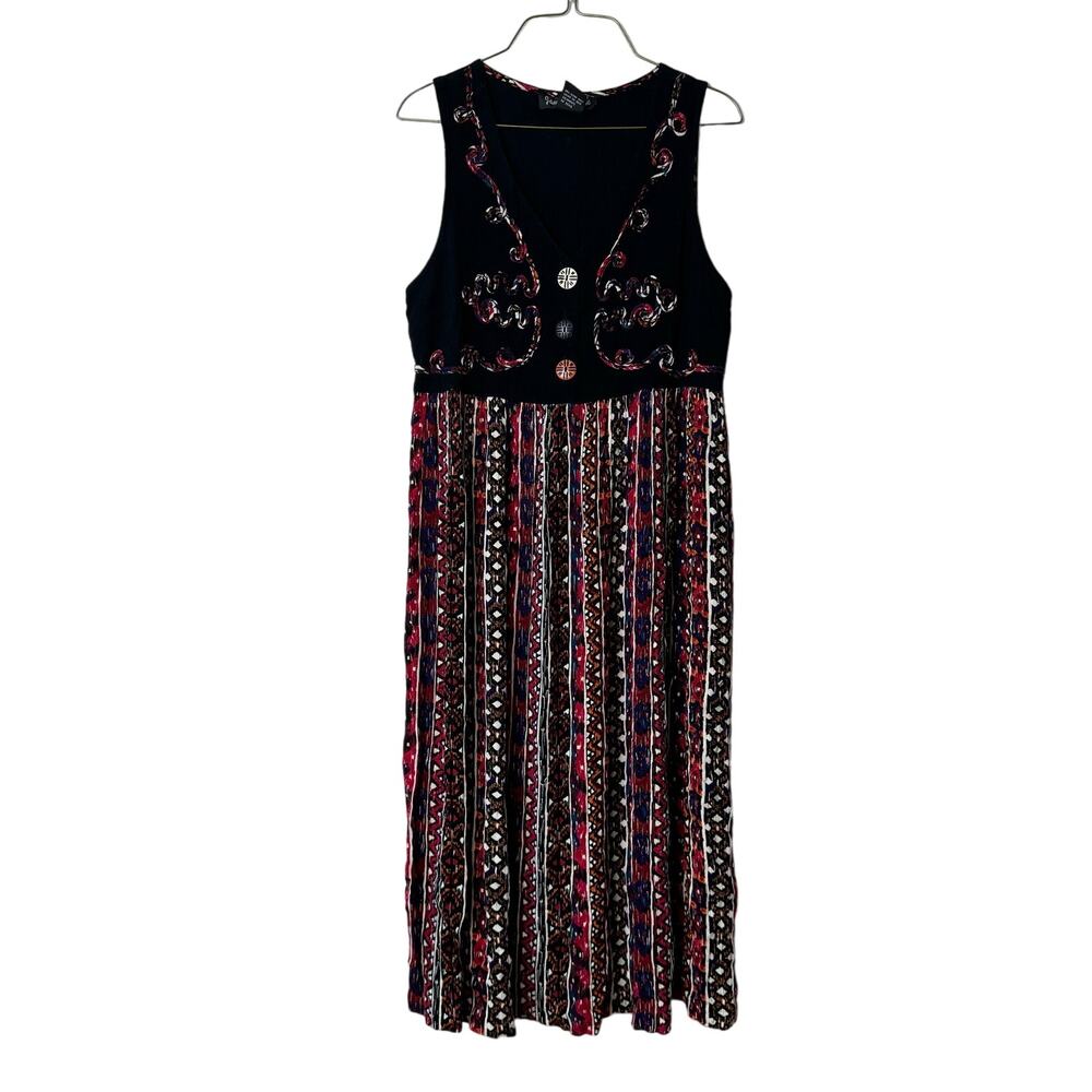 Jamie Brooke black colorful tribal print applique faux button tank midi dress 12